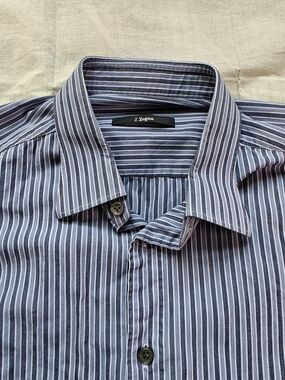 Z Zegna Men's Navy and White Pinstripe Dress Shirt Size L